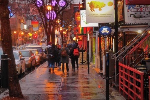 Montreal street photography in evening rain