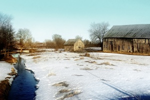 Glengarry county Ontario, barn field and stream in spring